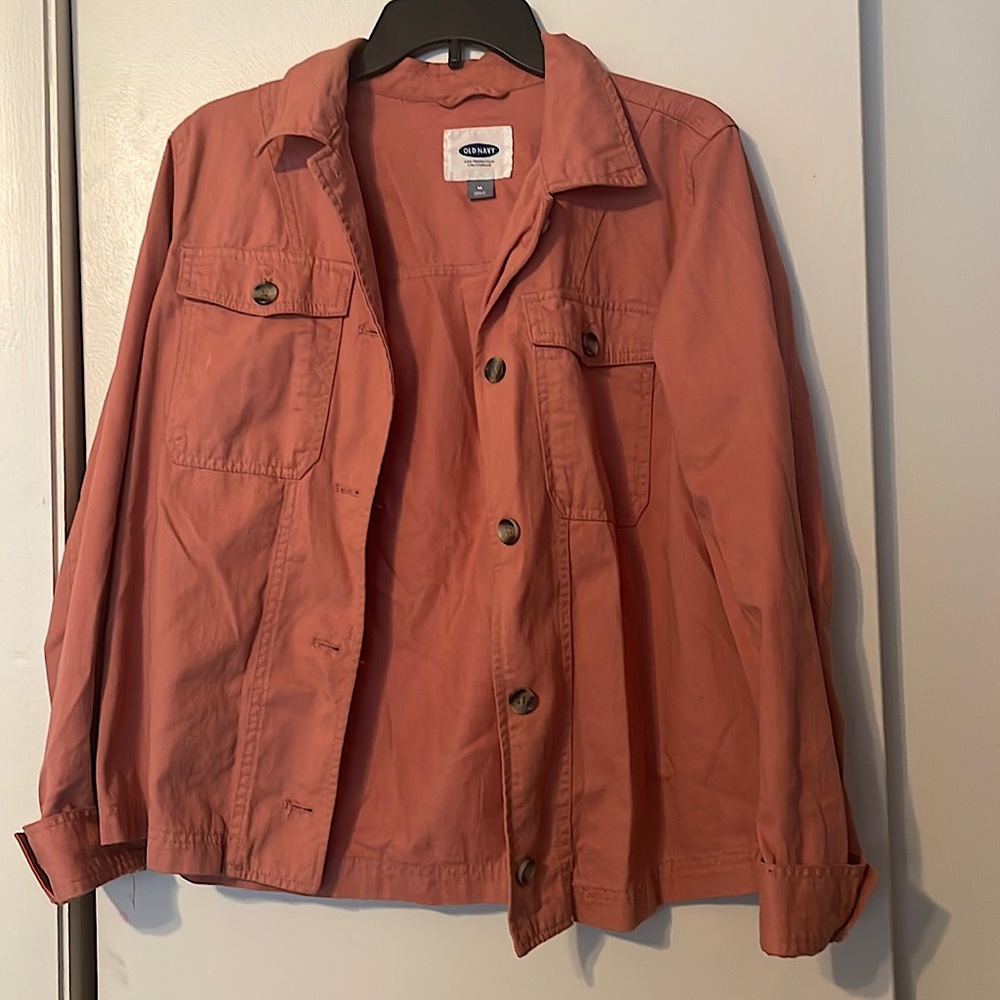 Medium. Old Navy. Coral pink jacket with brown buttons.
